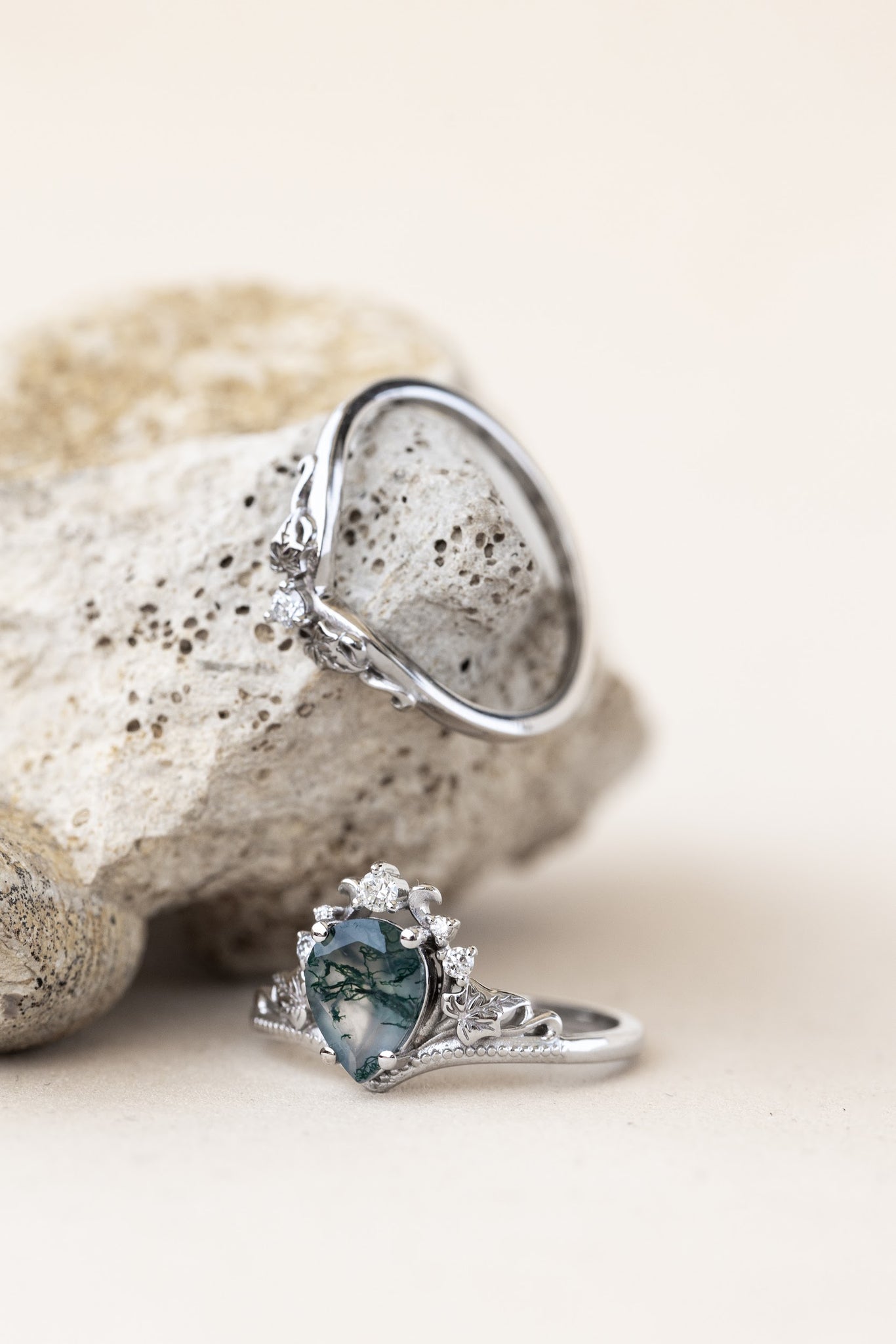 READY TO SHIP: Ariadne ring in 18K white gold, pear cut moss agate, accent lab grown diamonds, RING SIZE:  5.5 - 8.5 US