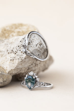 READY TO SHIP: Ariadne ring in 18K white gold, pear cut moss agate, accent lab grown diamonds, RING SIZE:  5.5 - 8.5 US