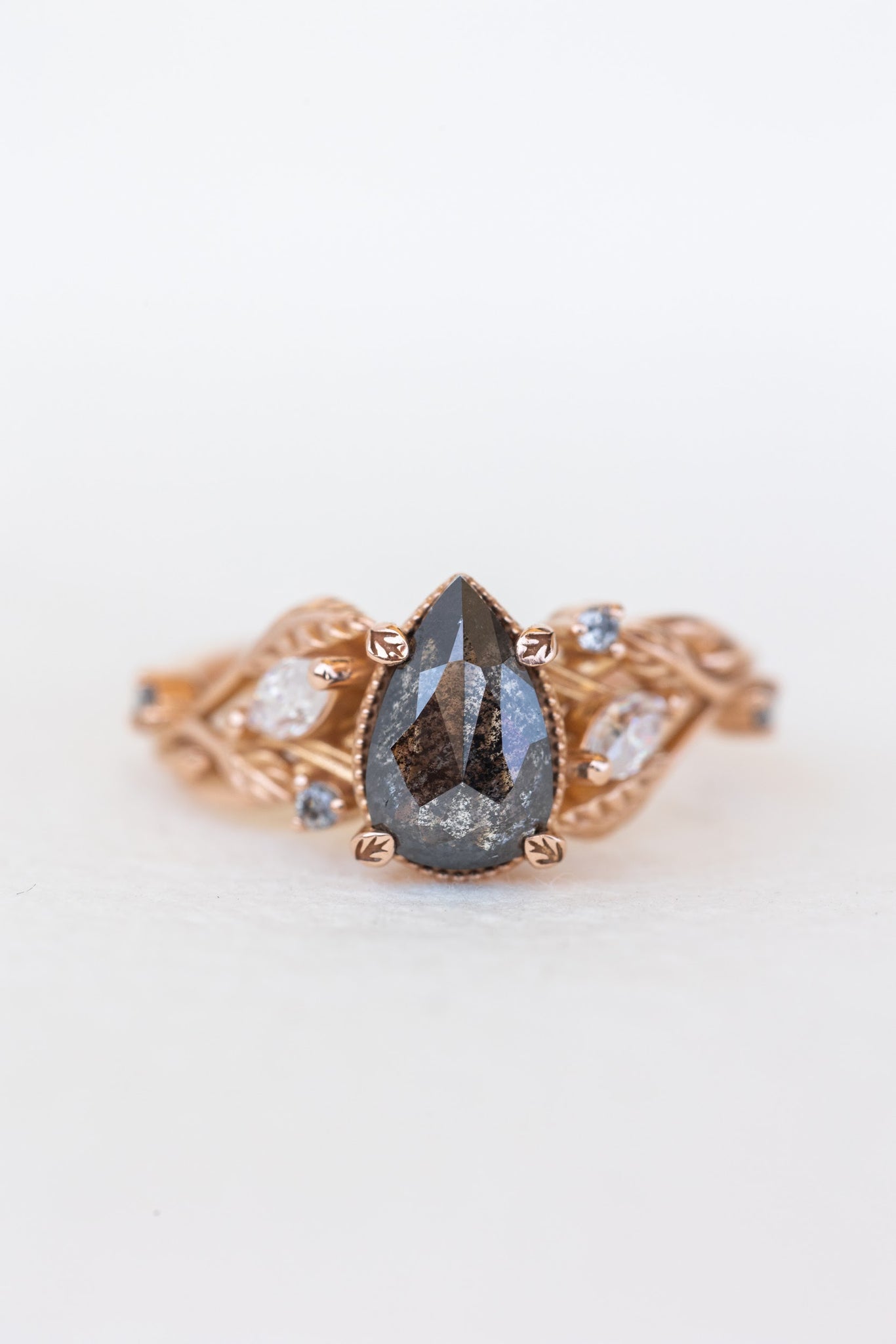 READY TO SHIP: Exclusive Patricia pear cut salt & pepper diamond ring set in rose gold, AVAILABLE RING SIZES: 3 - 5.5 US