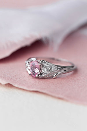 Natural pink sapphire engagement ring, white gold leaf proposal ring with accent diamonds / Wisteria - Eden Garden Jewelry™