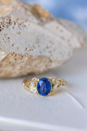 READY TO SHIP: Patricia ring in 18K yellow gold, natural vivid blue sapphire 8x6 mm, accent lab grown diamonds, AVAILABLE RING SIZES: 5.5 - 8.5 US