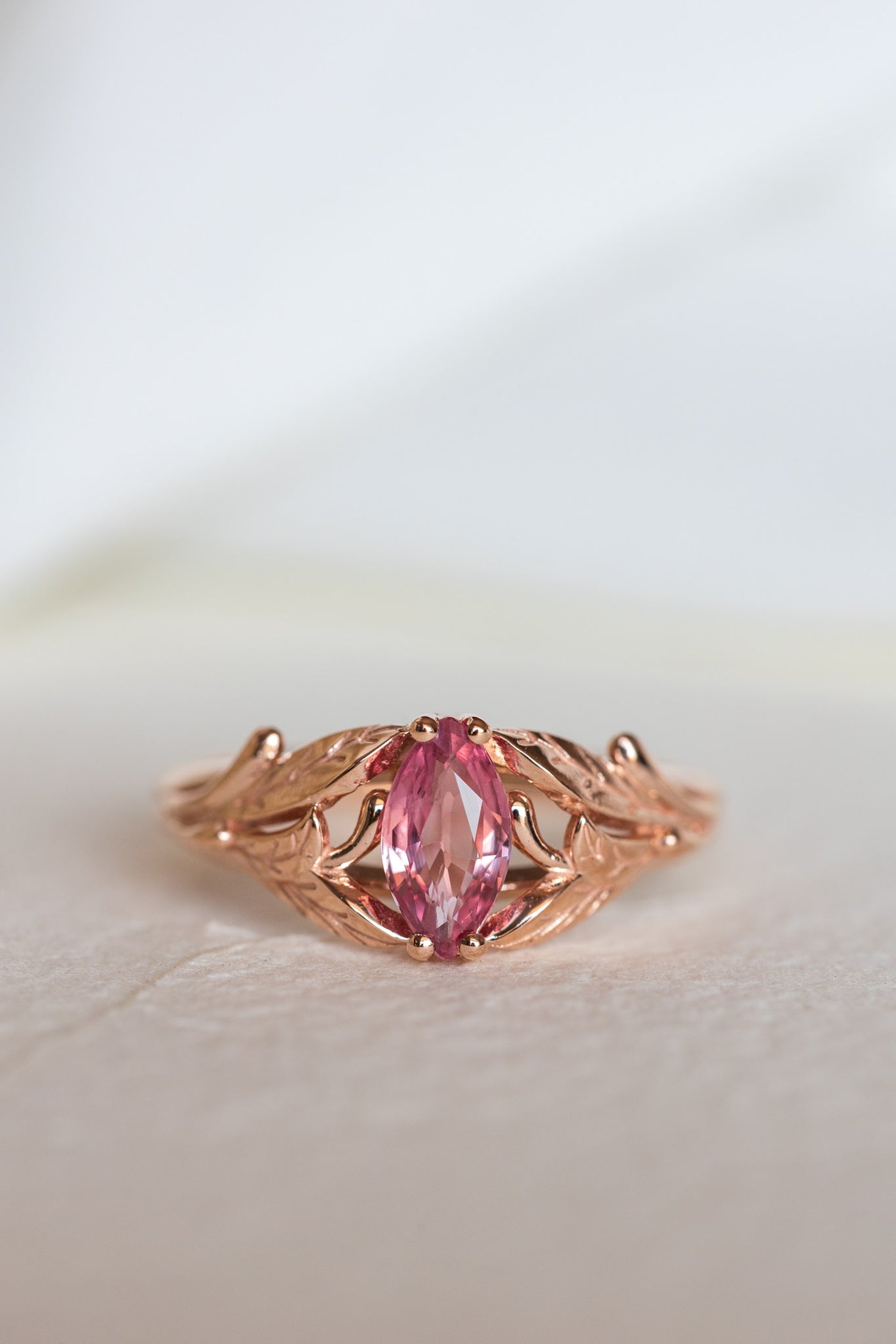 Natural pink sapphire engagement ring, leaf proposal ring with marquise cut gemstone / Wisteria - Eden Garden Jewelry™