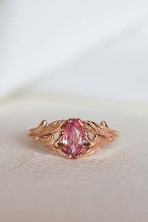 Natural pink sapphire engagement ring, leaf proposal ring with marquise cut gemstone / Wisteria - Eden Garden Jewelry™