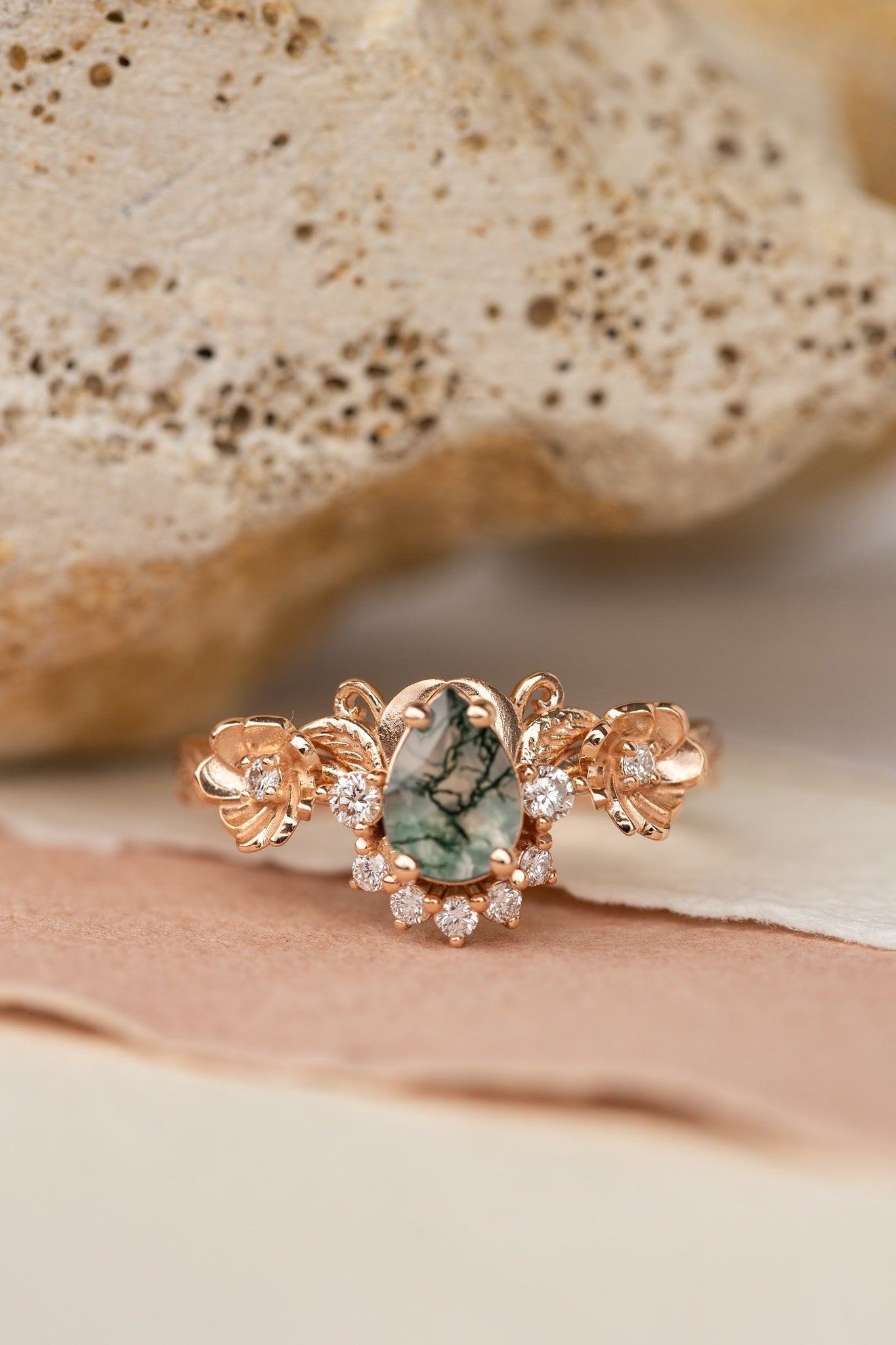 Pear moss agate engagement ring with half-halo diamond, rose gold flower proposal ring / Adelina - Eden Garden Jewelry™