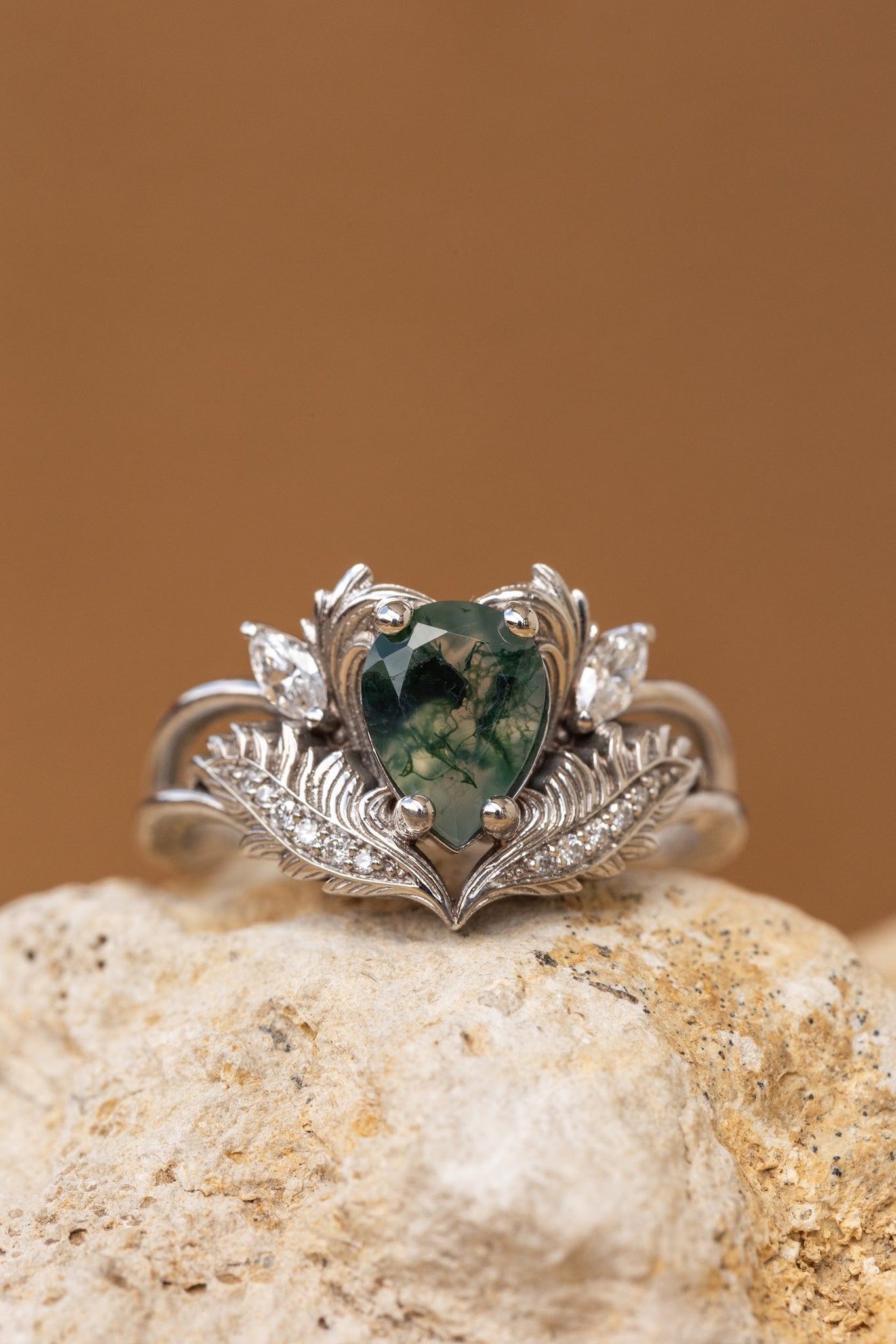 READY TO SHIP: Adonis ring in 14K white gold, pear cut moss agate, accent lab grown diamonds, RING SIZES: 4.5 - 8.75 US