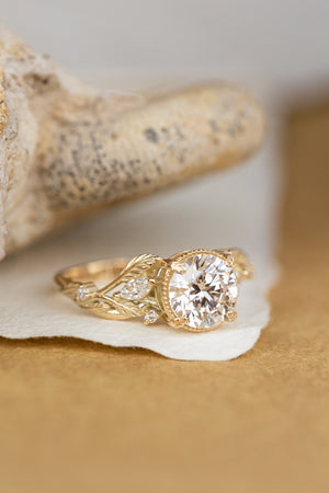 Lab grown diamond engagement ring, gold nature inspired ring with leaves and diamonds / Patricia - Eden Garden Jewelry™