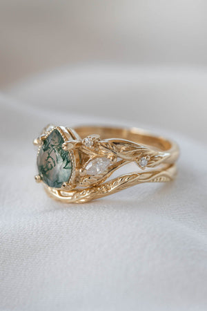 Moss agate and marquise diamonds engagement ring set, gold branch ring with diamonds / Patricia - Eden Garden Jewelry™