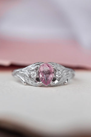 Natural pink sapphire engagement ring, white gold leaf proposal ring with accent diamonds / Wisteria - Eden Garden Jewelry™