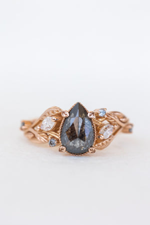 READY TO SHIP: Exclusive Patricia pear cut salt & pepper diamond ring set in rose gold, AVAILABLE RING SIZES: 3 - 5.5 US