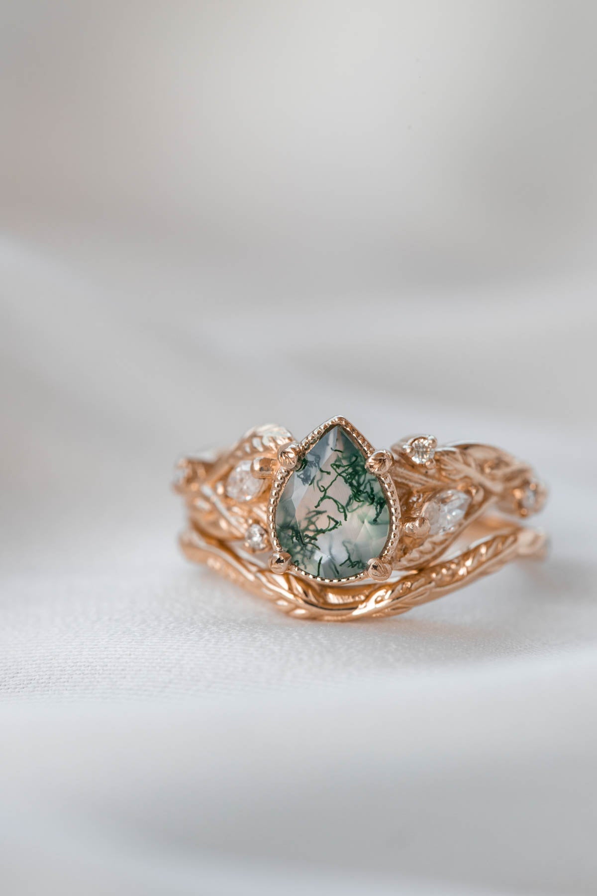 Moss agate and marquise diamonds engagement ring set, gold branch ring with diamonds / Patricia - Eden Garden Jewelry™