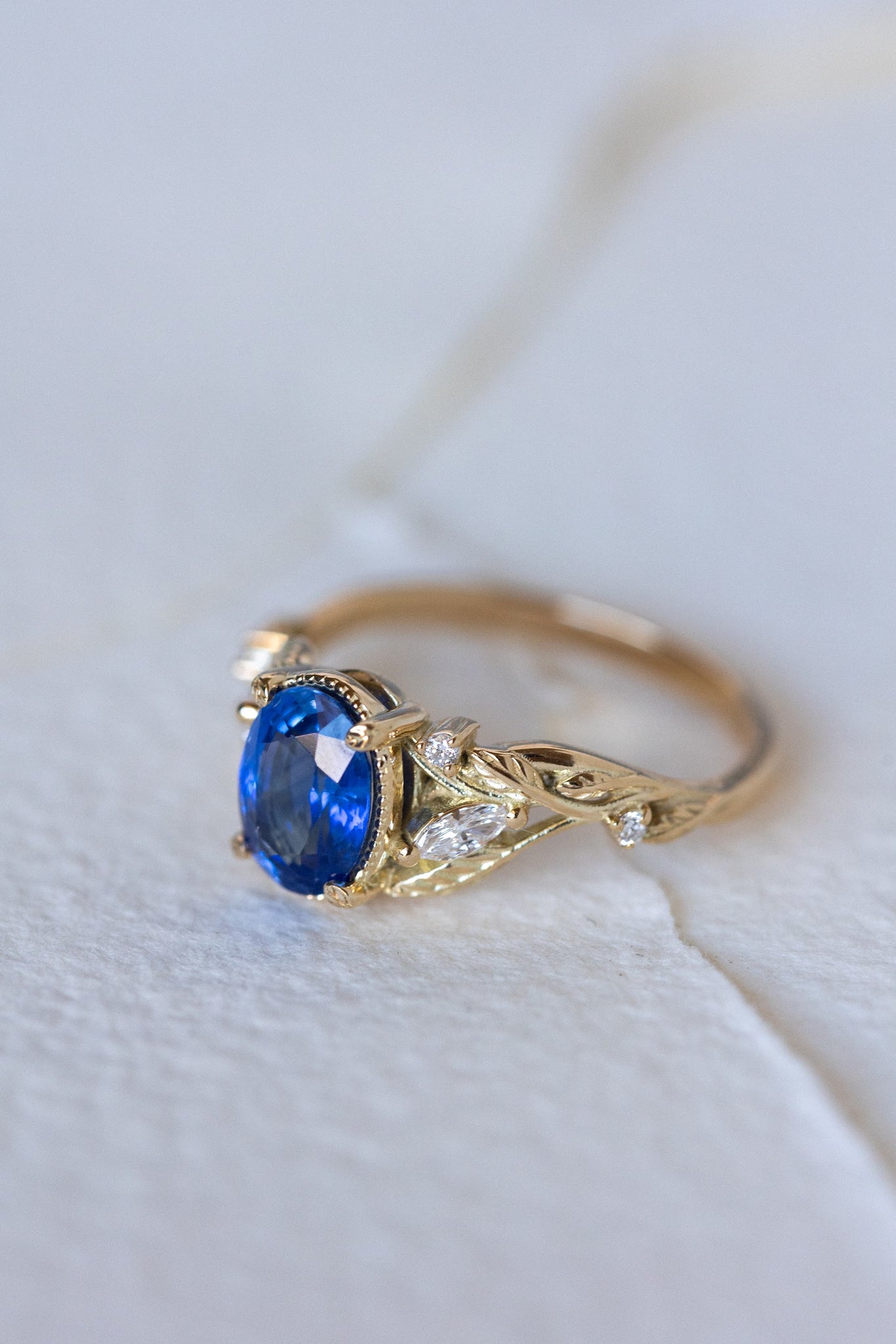 READY TO SHIP: Patricia ring in 18K yellow gold, natural vivid blue sapphire 8x6 mm, accent lab grown diamonds, AVAILABLE RING SIZES: 5.5 - 8.5 US