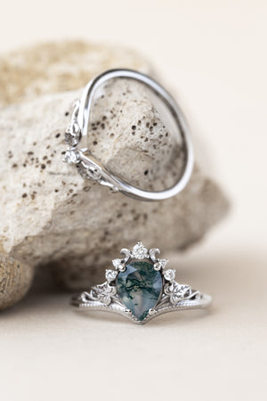 READY TO SHIP: Ariadne ring in 18K white gold, pear cut moss agate, accent lab grown diamonds, RING SIZE:  5.5 - 8.5 US