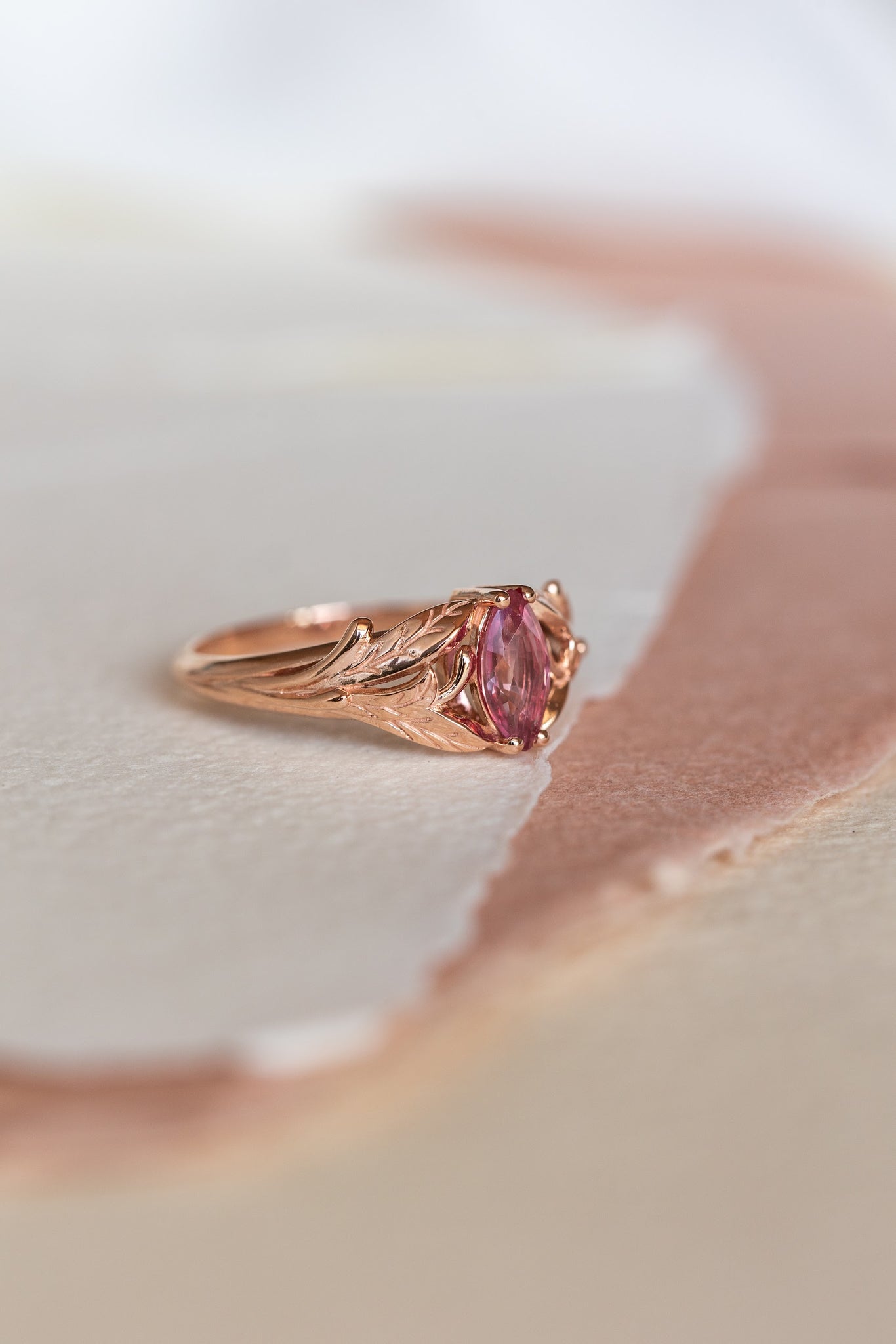 Natural pink sapphire engagement ring, leaf proposal ring with marquise cut gemstone / Wisteria - Eden Garden Jewelry™