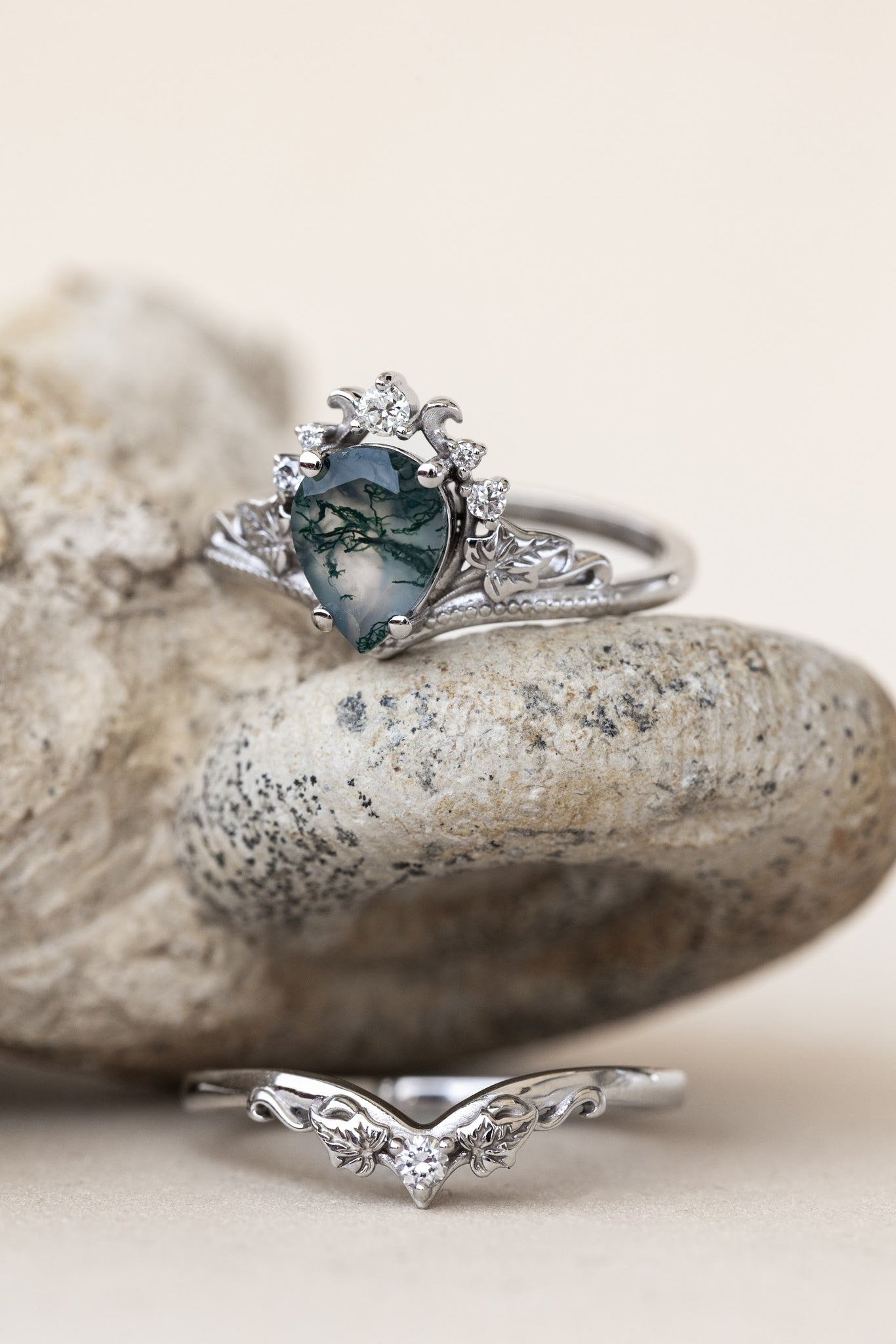 READY TO SHIP: Ariadne ring in 18K white gold, pear cut moss agate, accent lab grown diamonds, RING SIZE:  5.5 - 8.5 US