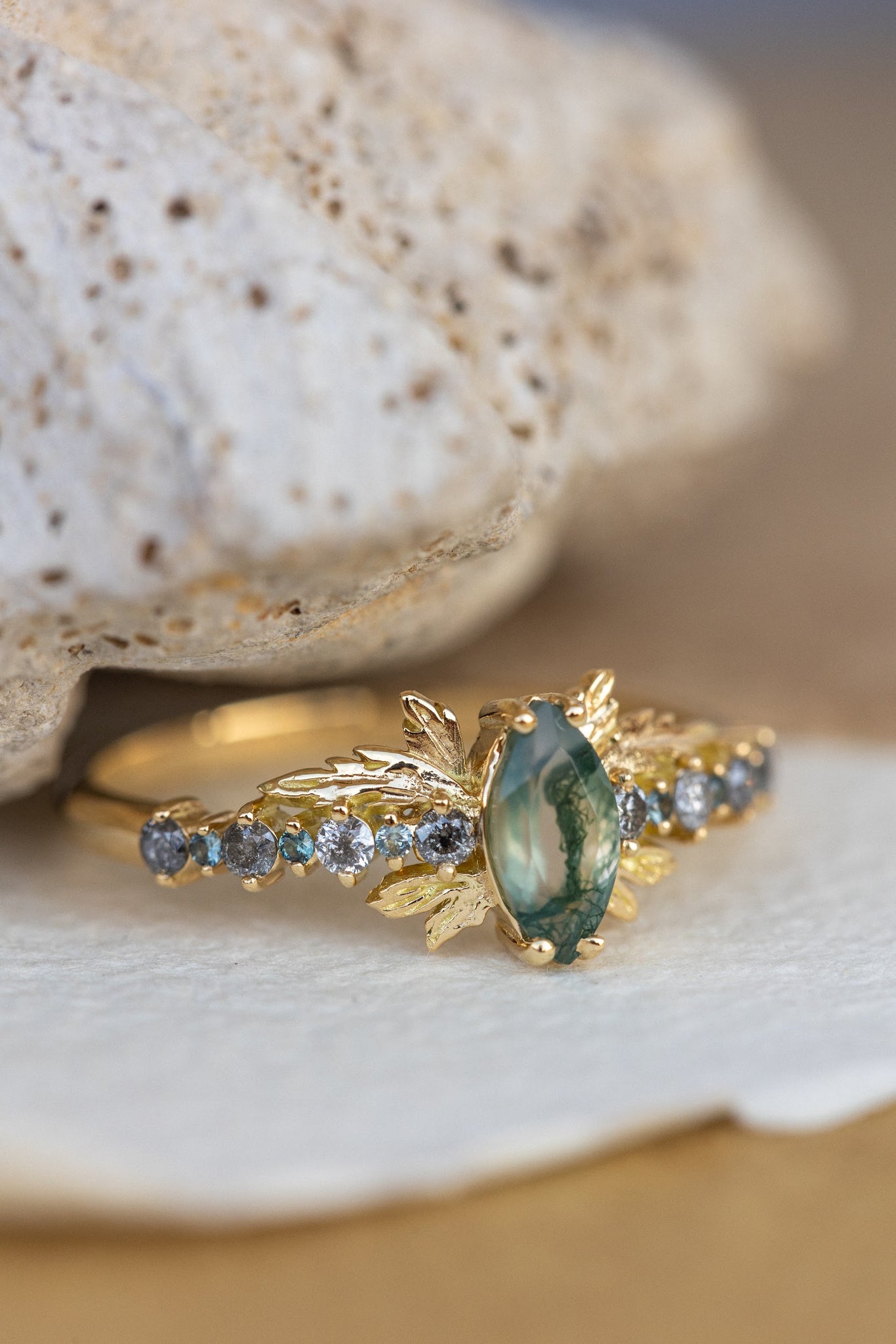 Moss agate and accents sapphires and diamonds engagement ring, nature inspired gold leaf ring / Verbena - Eden Garden Jewelry™