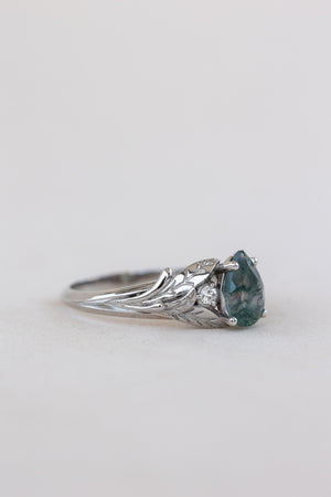 READY TO SHIP: Wisteria ring in 14K or 18K white gold, pear moss agate, accents lab grown diamonds, RING SIZE: 5.75 - 8.75 US