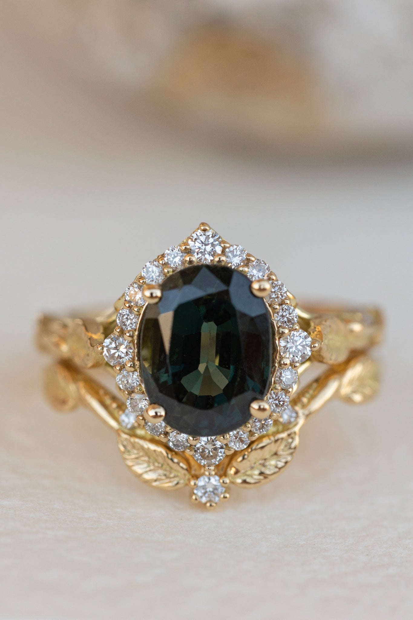 Dark teal genuine sapphire engagement ring set, diamond halo bridal ring set / Florentina - Eden Garden Jewelry™