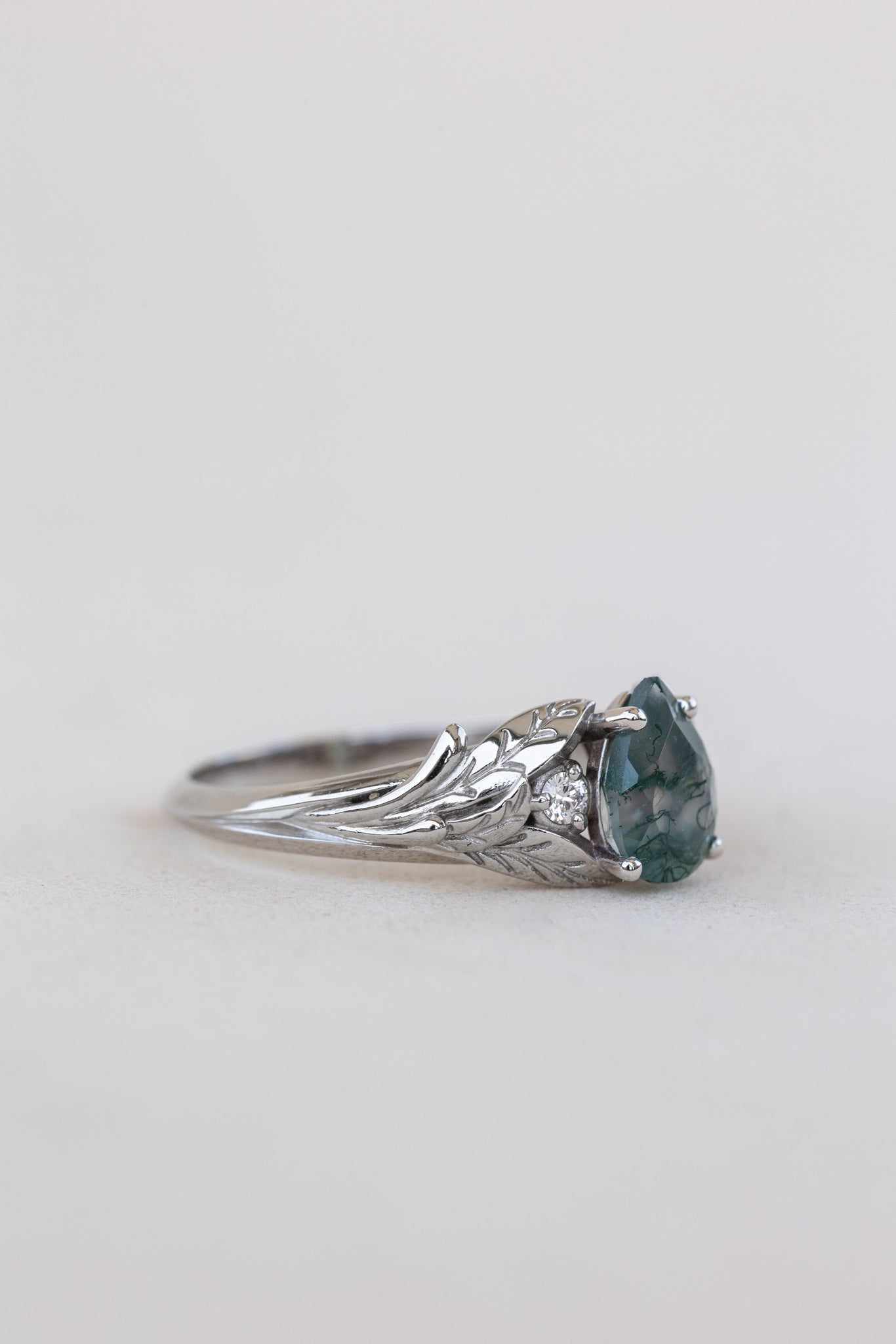 Green moss agate engagement ring, promise leaf ring with diamonds / Wisteria