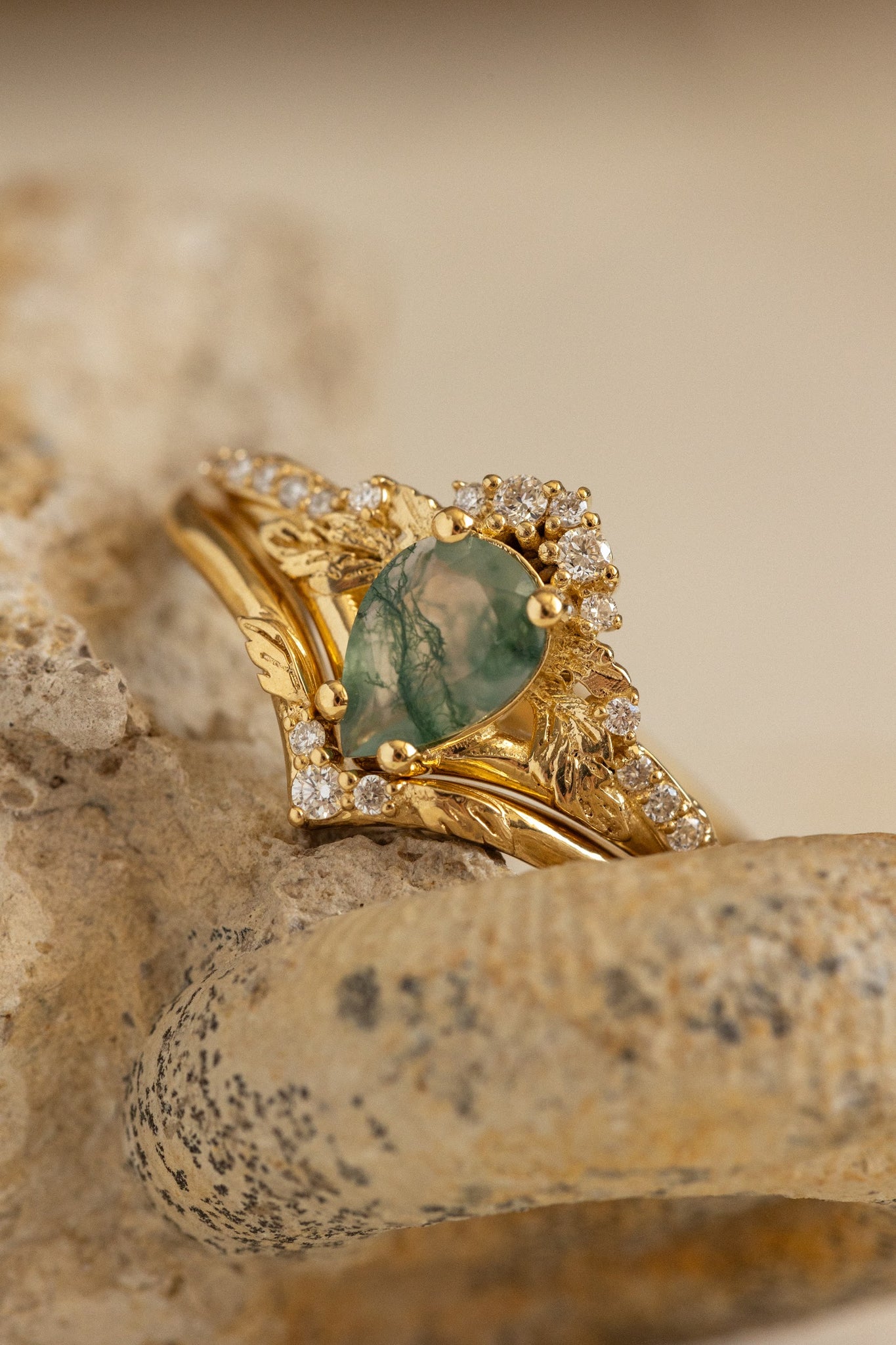 Natural green moss agate bridal ring set / Amelia - Eden Garden Jewelry™