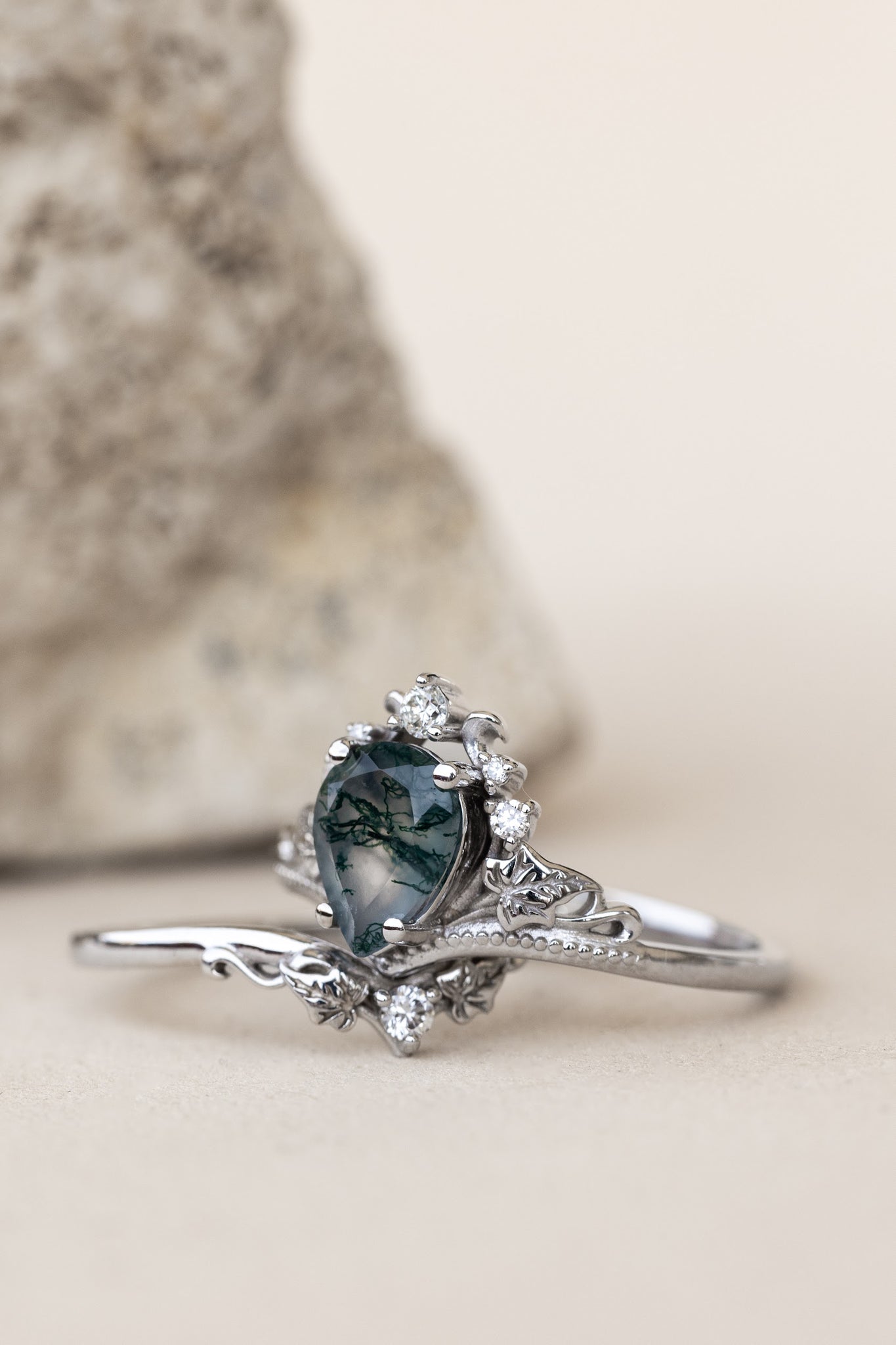 READY TO SHIP: Ariadne ring in 18K white gold, pear cut moss agate, accent lab grown diamonds, RING SIZE:  5.5 - 8.5 US