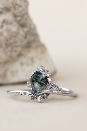 READY TO SHIP: Ariadne ring in 18K white gold, pear cut moss agate, accent lab grown diamonds, RING SIZE:  5.5 - 8.5 US