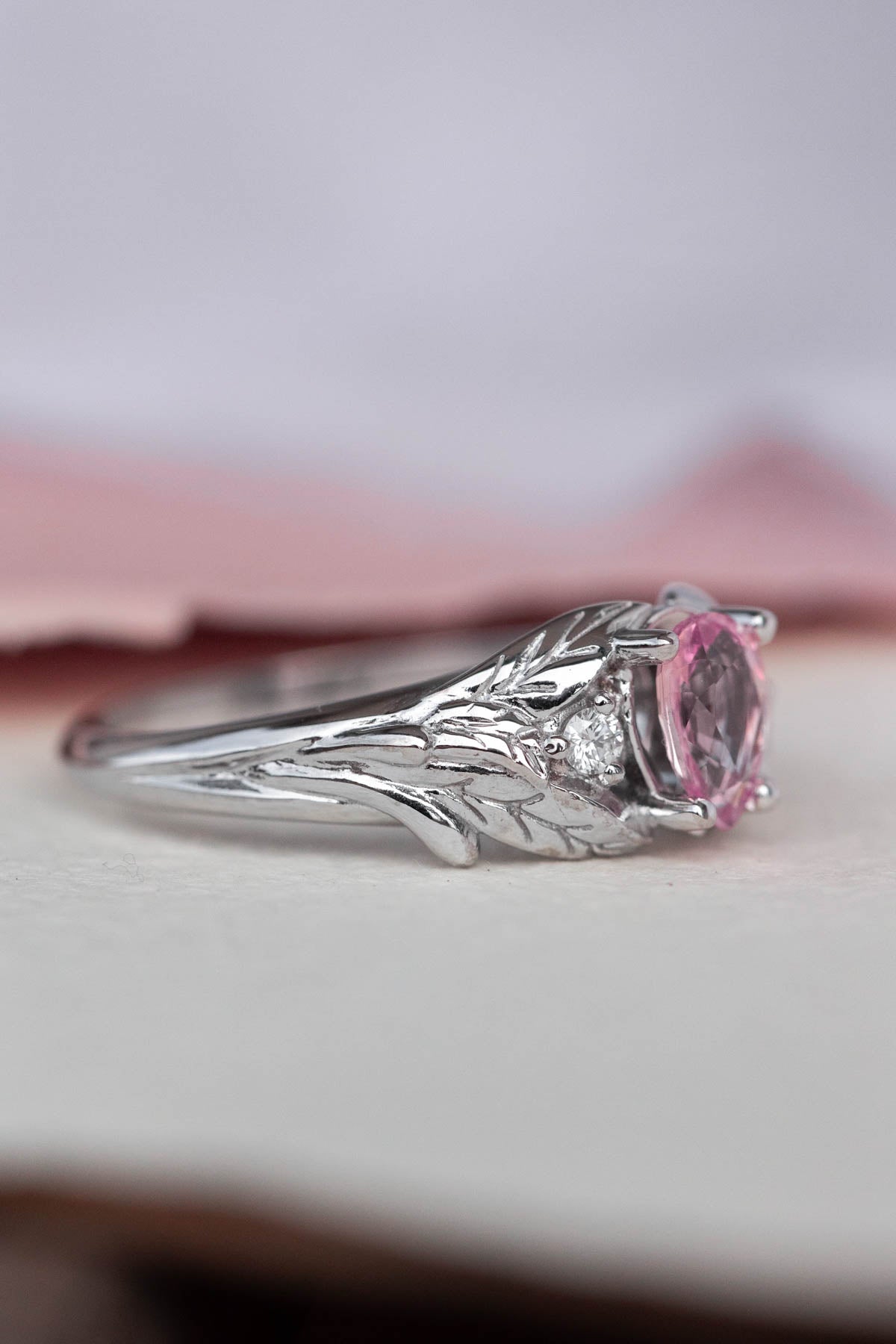 Natural pink sapphire engagement ring, white gold leaf proposal ring with accent diamonds / Wisteria - Eden Garden Jewelry™