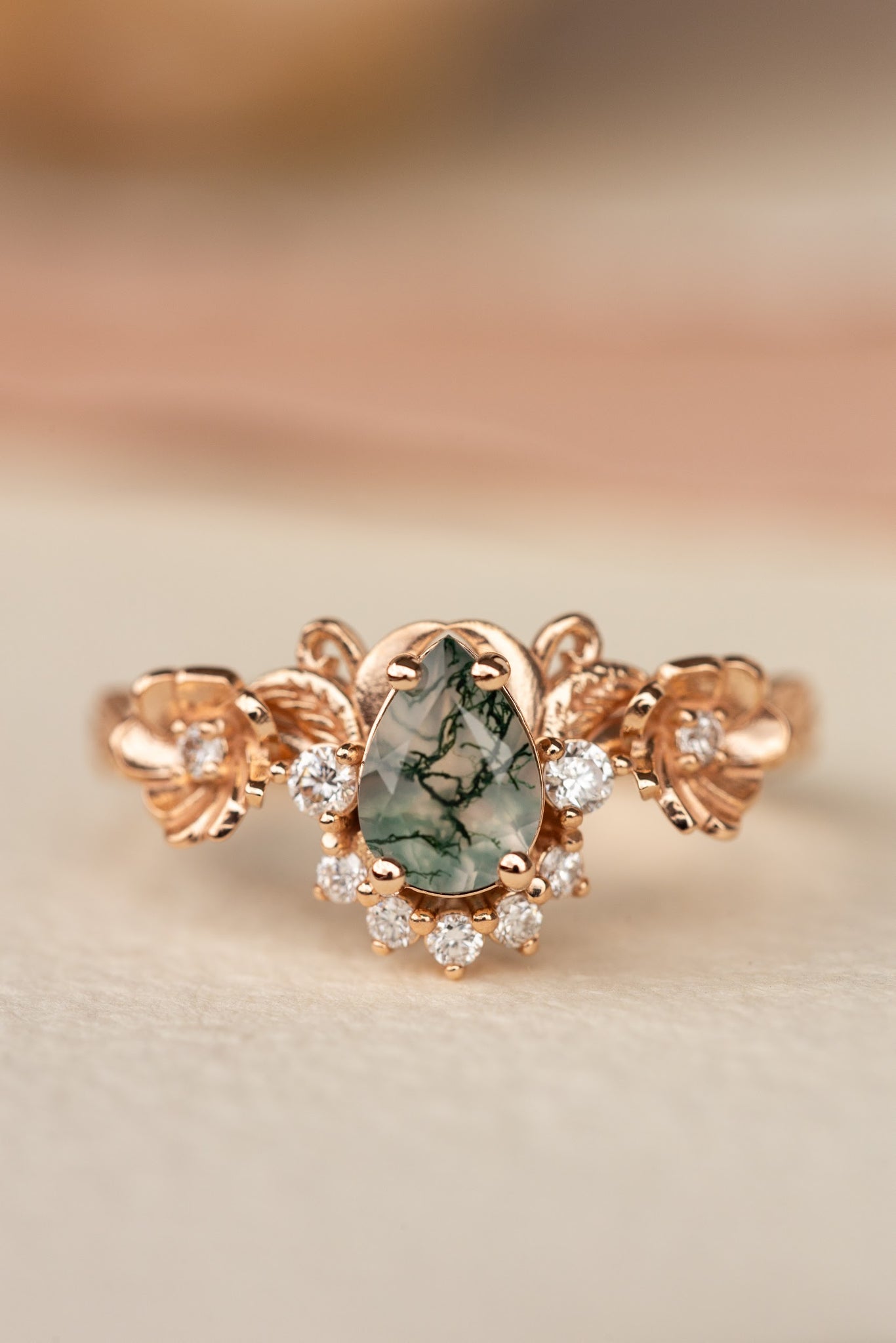 Pear moss agate engagement ring with half-halo diamond, rose gold flower proposal ring / Adelina - Eden Garden Jewelry™