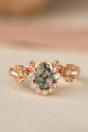 Pear moss agate engagement ring with half-halo diamond, rose gold flower proposal ring / Adelina - Eden Garden Jewelry™