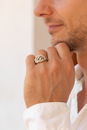 Ring of Barahir in two tone gold, snakes ring with emeralds - Eden Garden Jewelry™