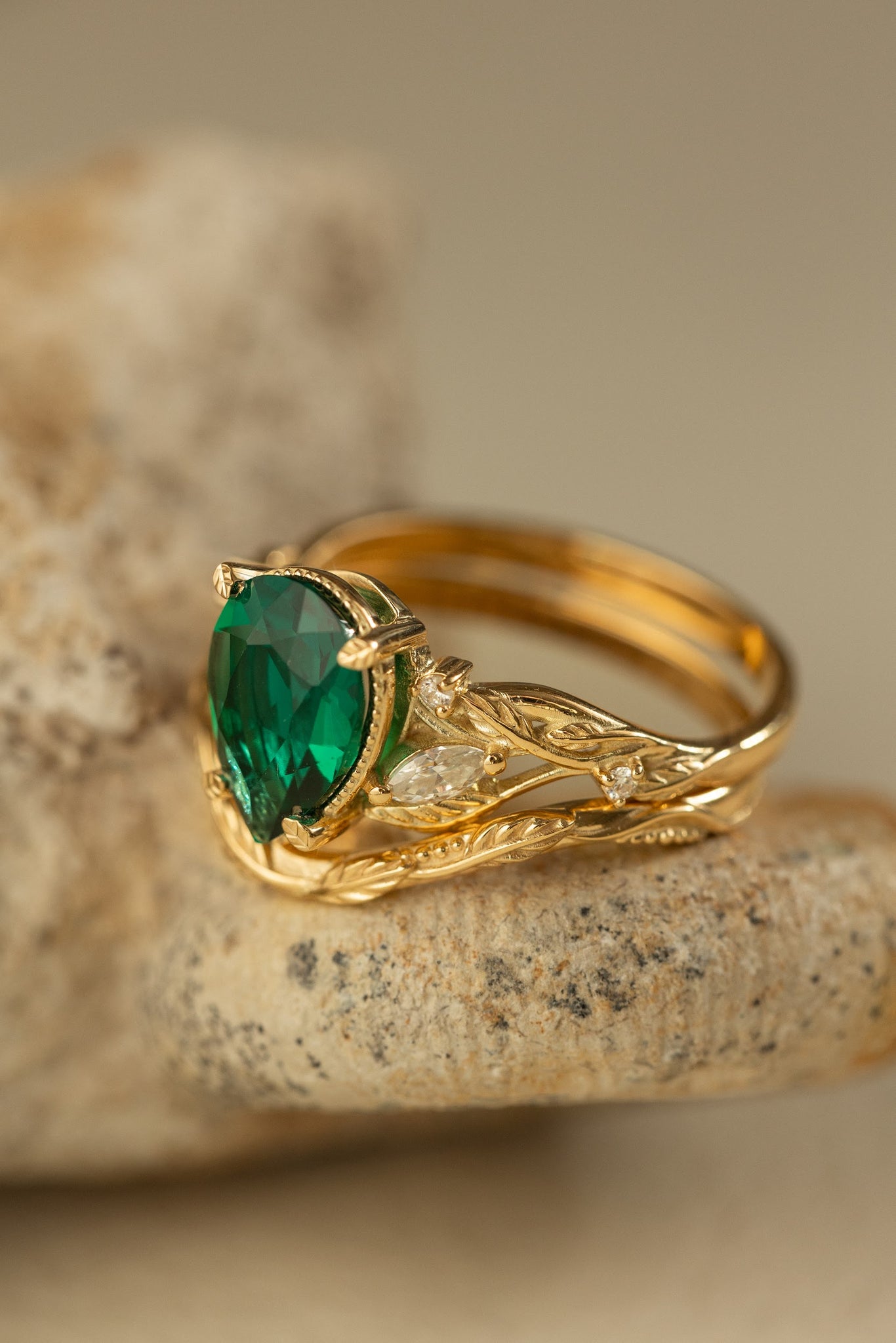 Big lab emerald twig engagement ring set, yellow gold leaf bridal ring set with marquise cut diamonds  / Patricia - Eden Garden Jewelry™