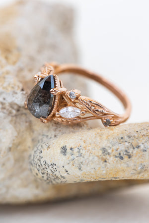 READY TO SHIP: Exclusive Patricia pear cut salt & pepper diamond ring set in rose gold, AVAILABLE RING SIZES: 3 - 5.5 US