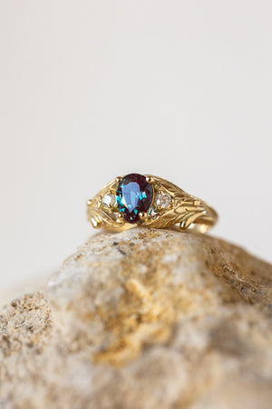 Colour changing alexandrite engagement ring with accent diamonds, gold leaf proposal ring / Wisteria - Eden Garden Jewelry™