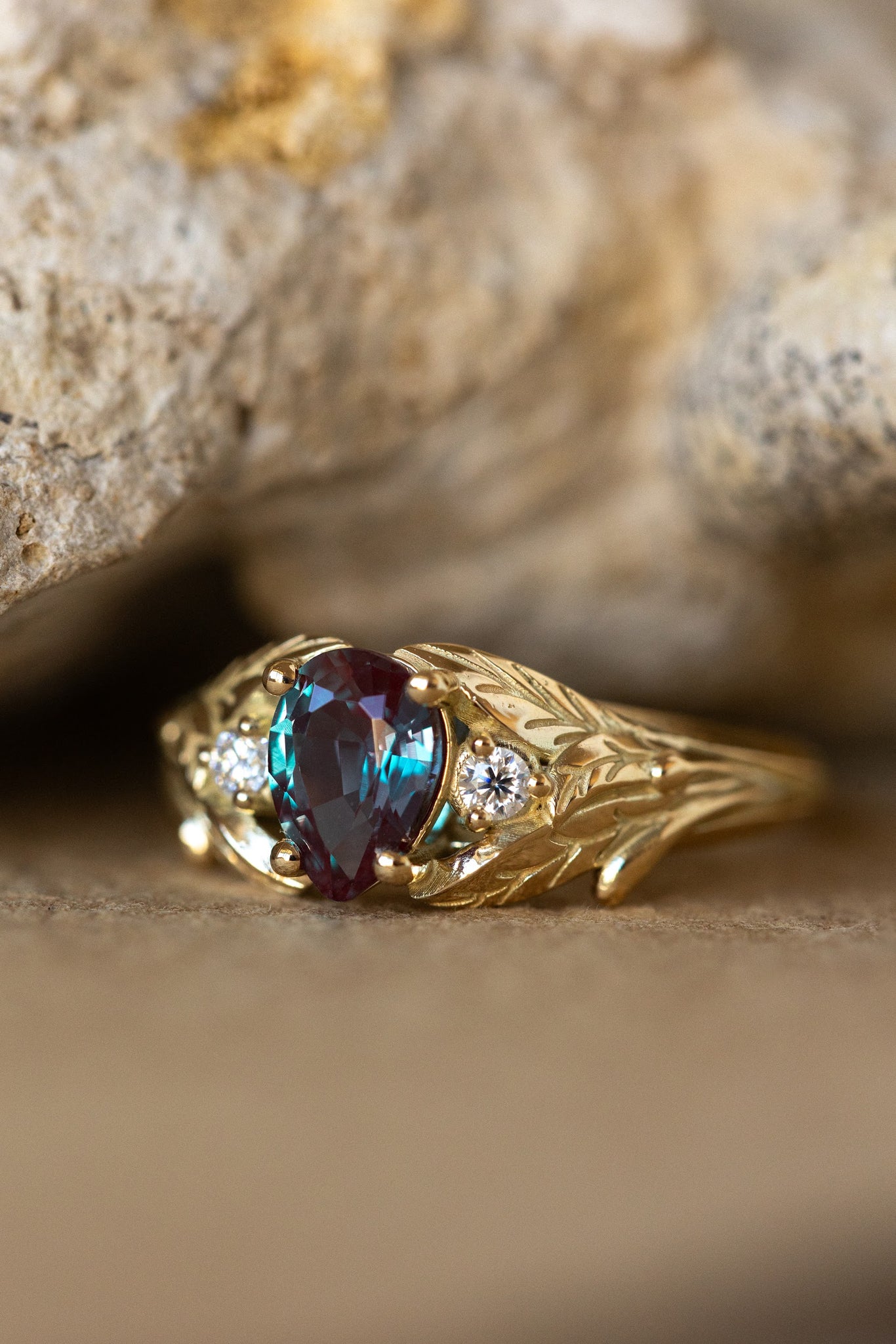 READY TO SHIP: Wisteria in 14K yellow gold, pear alexandrite 7x5 mm, moissanites, RING SIZE 4.5-6.5US - Eden Garden Jewelry™