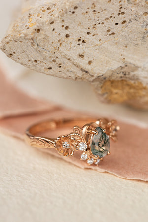 Pear moss agate engagement ring with half-halo diamond, rose gold flower proposal ring / Adelina - Eden Garden Jewelry™