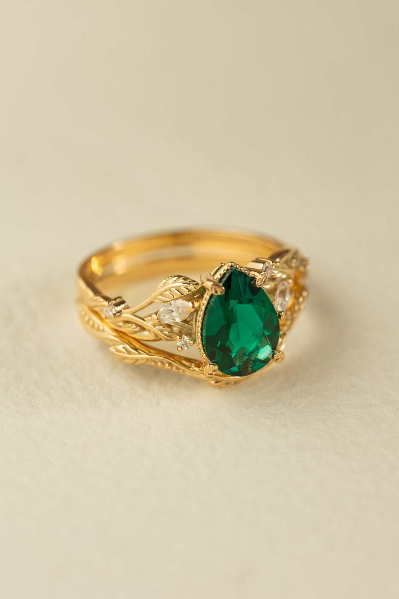 Big lab emerald twig engagement ring, yellow gold leaf ring with marquise cut diamonds  / Patricia - Eden Garden Jewelry™