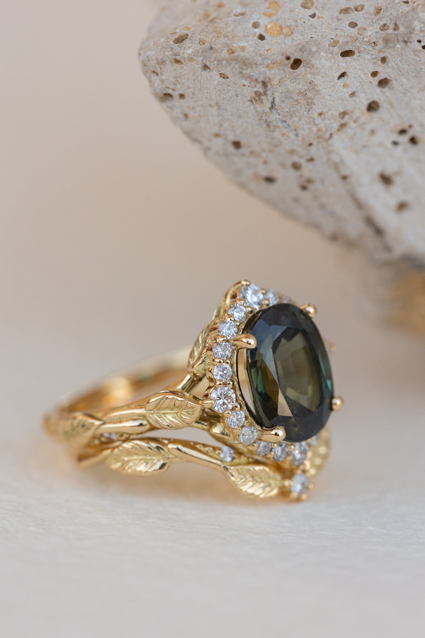 Diamond halo and natural teal sapphire engagement ring, nature inspired yellow gold ring / Florentina - Eden Garden Jewelry™