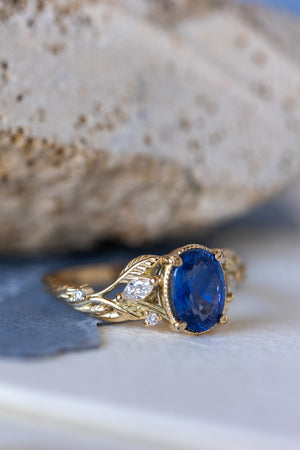 READY TO SHIP: Patricia ring in 18K yellow gold, natural vivid blue sapphire 8x6 mm, accent lab grown diamonds, AVAILABLE RING SIZES: 5.5 - 8.5 US