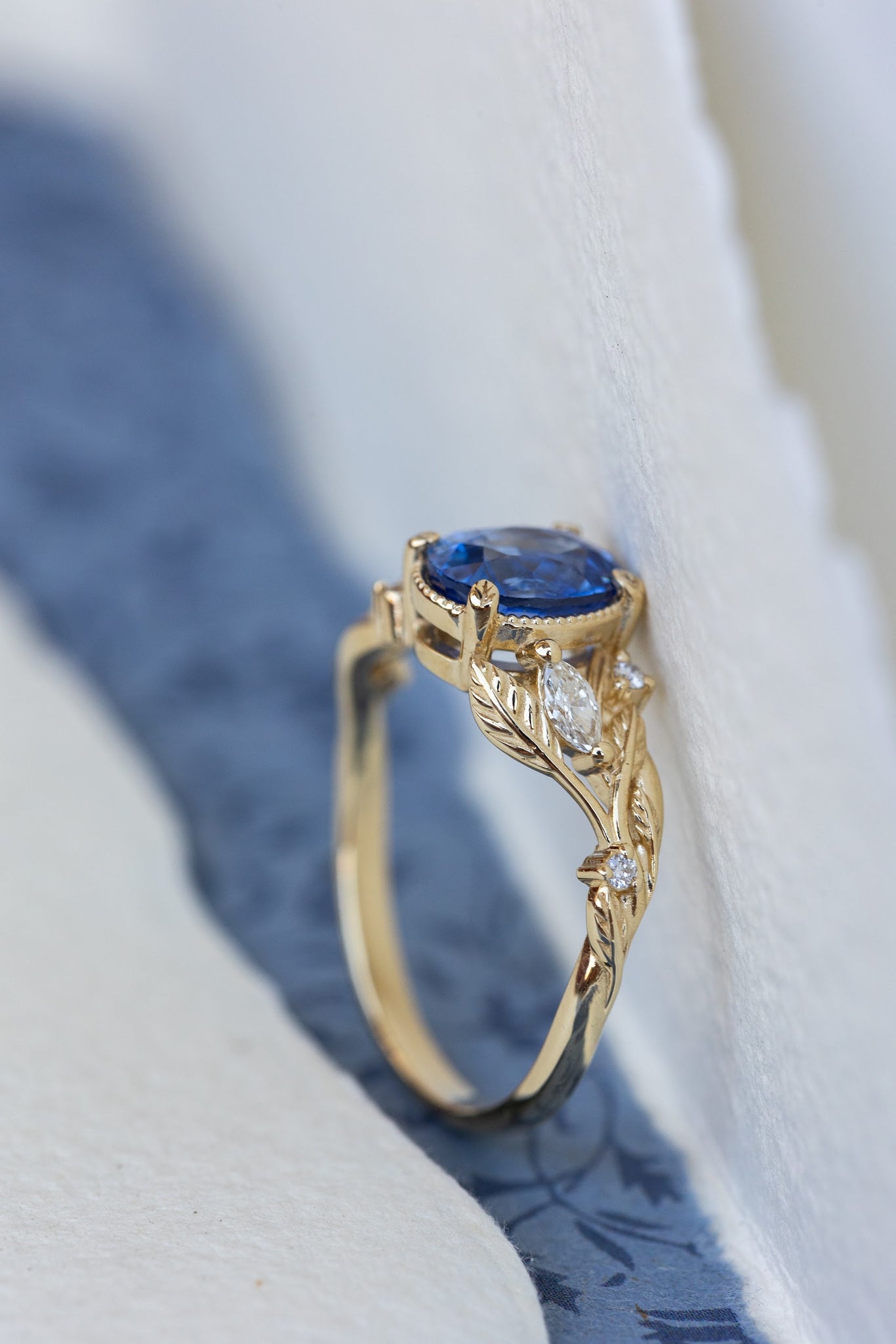 READY TO SHIP: Patricia ring in 14K yellow gold, natural blue sapphire 8x6 mm, accent natural diamonds, AVAILABLE RING SIZES: 5.25 - 8.25 US