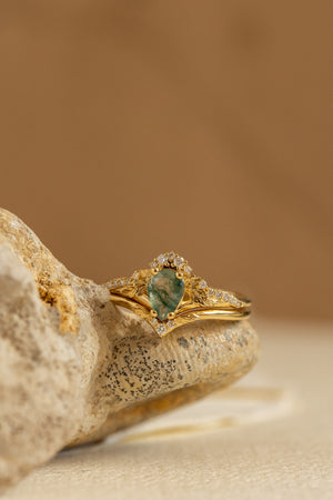 Natural green moss agate bridal ring set / Amelia - Eden Garden Jewelry™