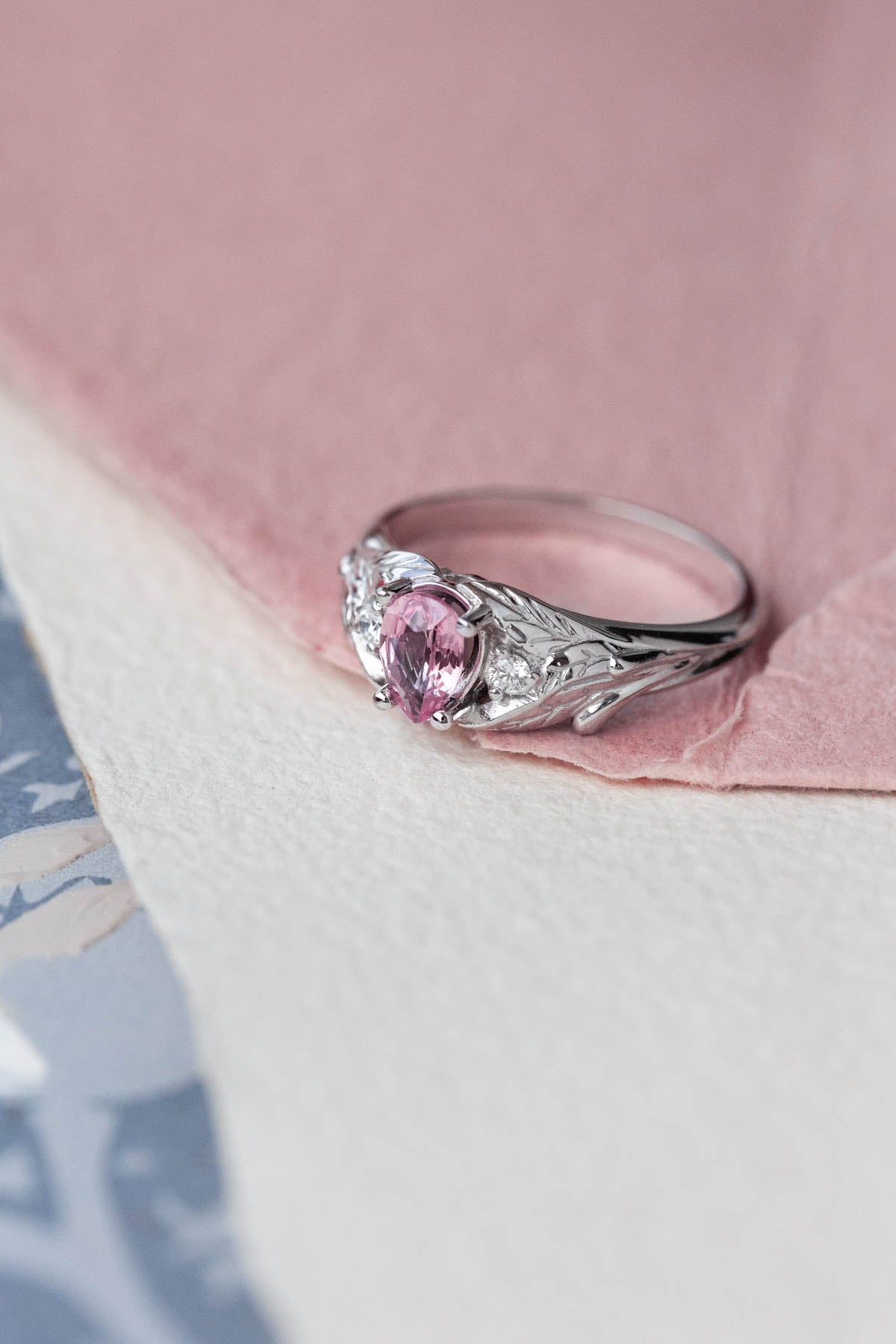 Natural pink sapphire engagement ring, white gold leaf proposal ring with accent diamonds / Wisteria - Eden Garden Jewelry™