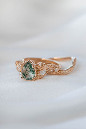 Pear moss agate engagement ring with diamonds, gold leaf branch proposal ring / Patricia - Eden Garden Jewelry™