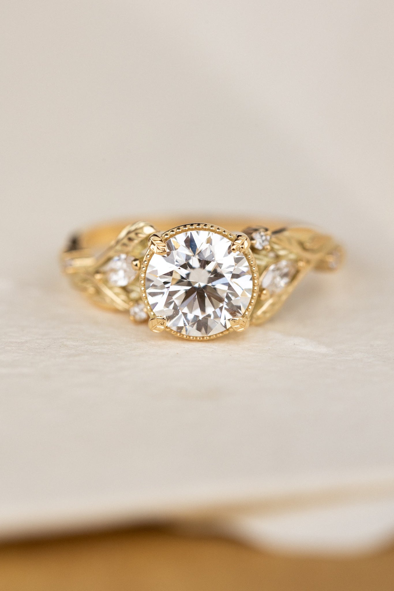 Lab grown diamond engagement ring, gold nature inspired ring with leaves and diamonds / Patricia - Eden Garden Jewelry™