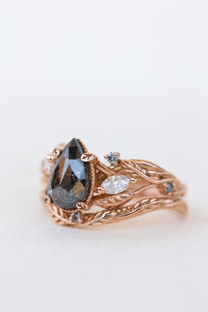 READY TO SHIP: Exclusive Patricia pear cut salt & pepper diamond ring set in rose gold, AVAILABLE RING SIZES: 3 - 5.5 US