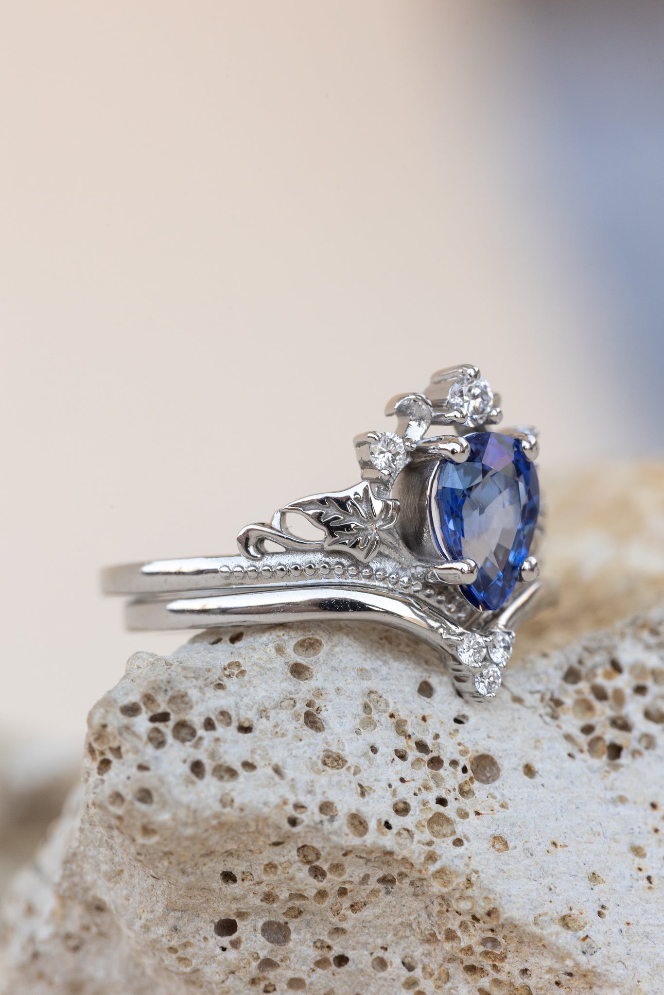 READY TO SHIP: Ariadne bridal set in 14K white gold, pear cut natural sapphire 7x5 mm, lab grown diamonds, RING SIZE: 3 - 6  US