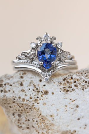 READY TO SHIP: Ariadne bridal set in 14K white gold, pear cut natural sapphire 7x5 mm, lab grown diamonds, RING SIZE: 3 - 6  US