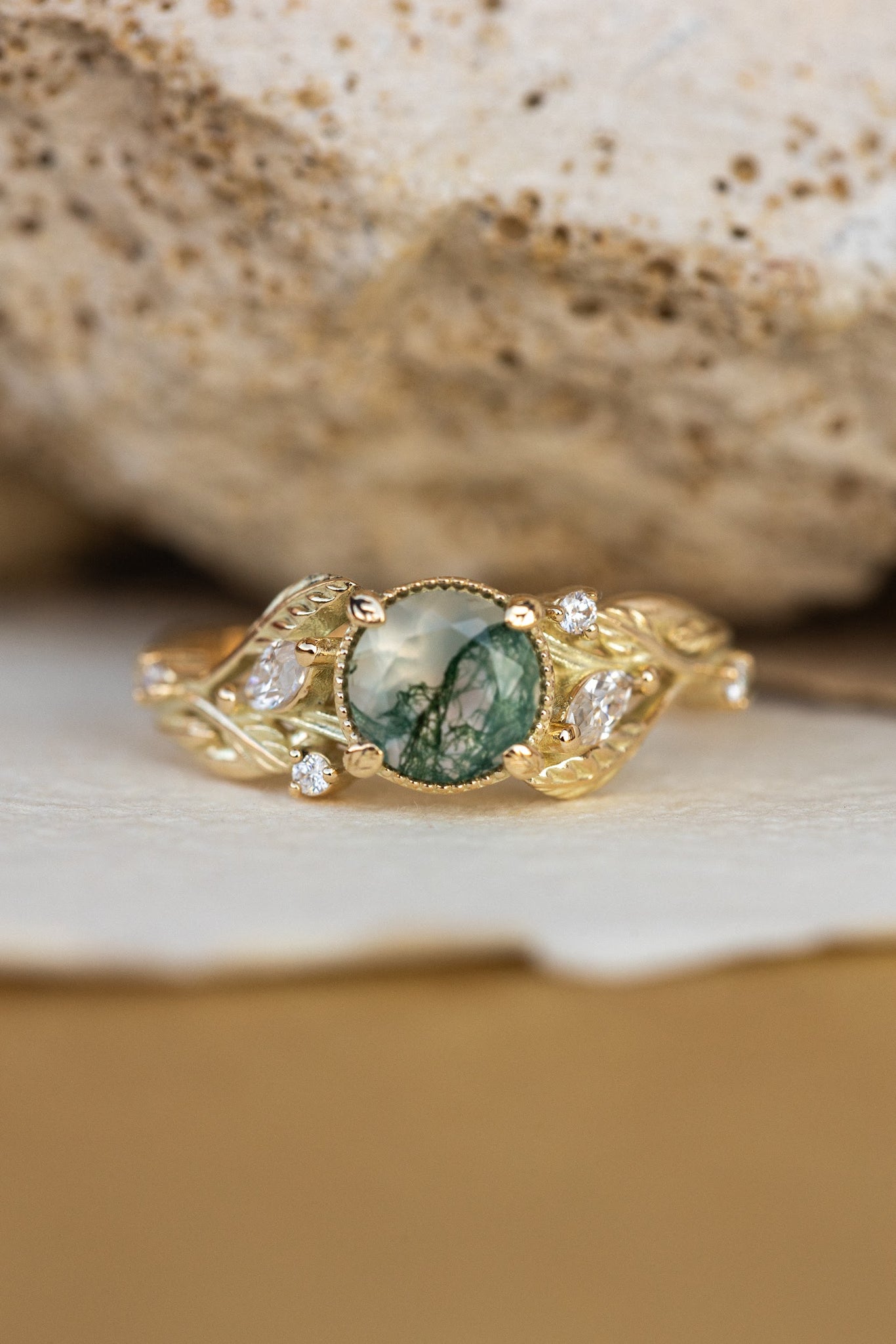 Round moss agate engagement ring, gold promise ring with accent diamonds / Patricia - Eden Garden Jewelry™