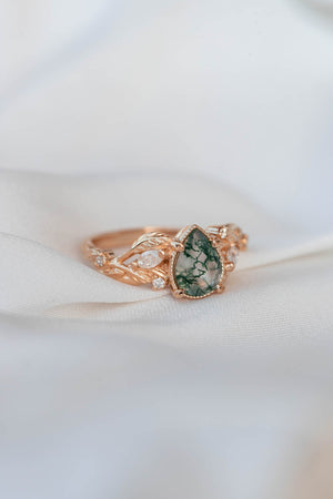 Moss agate and marquise diamonds engagement ring set, gold branch ring with diamonds / Patricia - Eden Garden Jewelry™