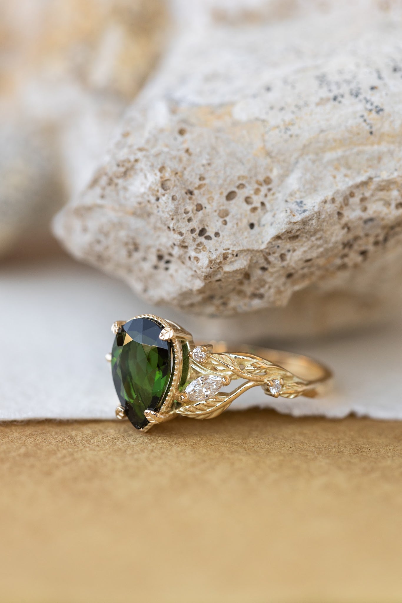 Big vivid green tourmaline engagement ring, nature inspired gold ring with accent diamonds / Patricia - Eden Garden Jewelry™