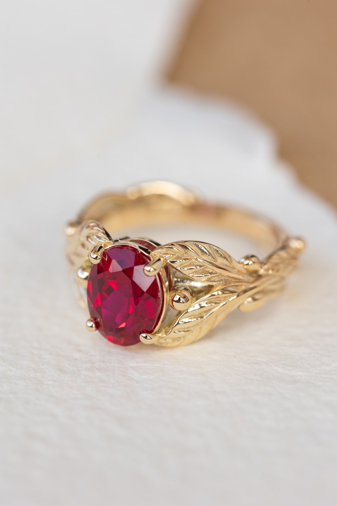 1.5 carat lab ruby engagement ring, gold leaves ring with oval shape gemstone / Cornus - Eden Garden Jewelry™