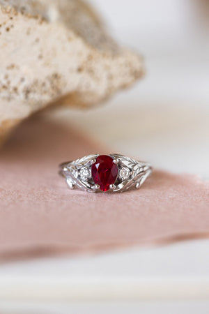 Lab ruby engagement ring, nature inspired ring with accent diamonds / Wisteria - Eden Garden Jewelry™